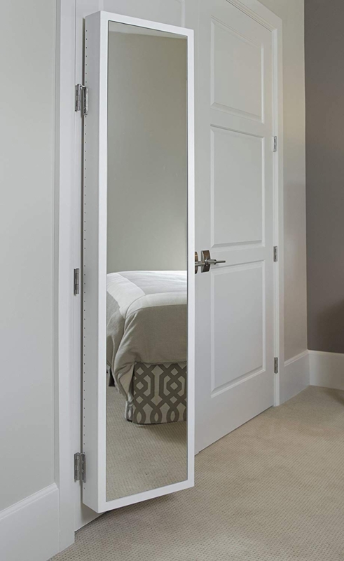 Hinge Mounted Jewelry Armoire Mirror White Cabinet Storage Solution
