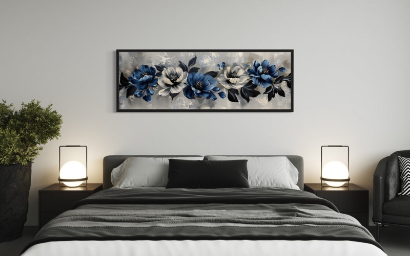 Horizontal Floral Wall Art Canvas with Oversized Flowers Above Bed