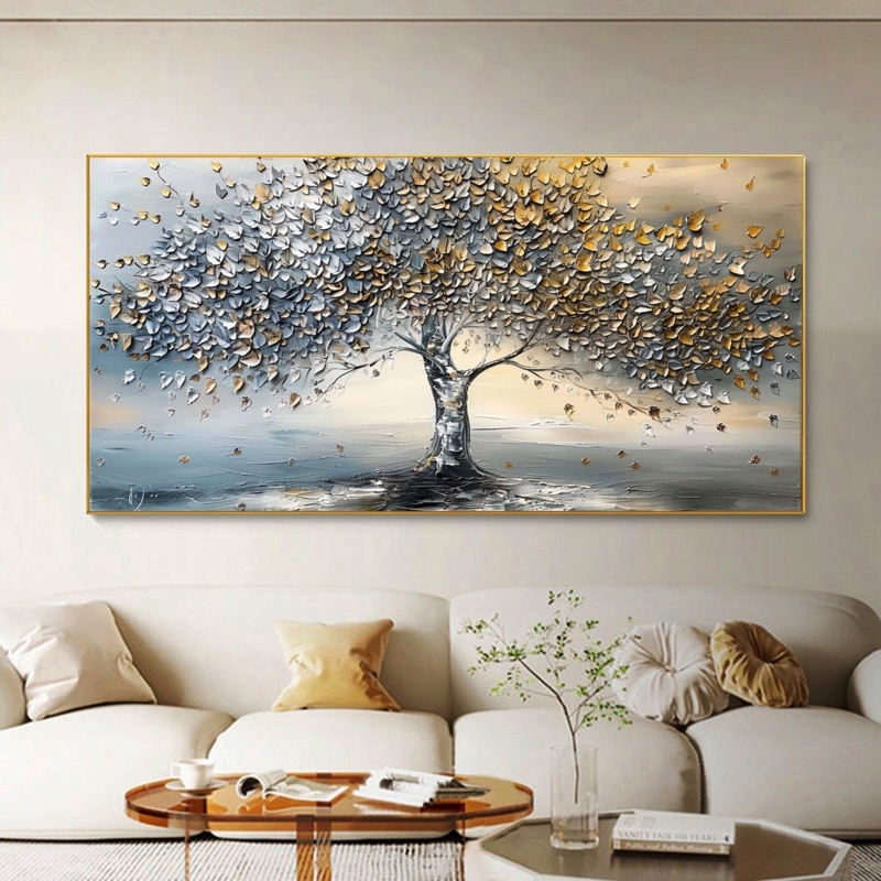 Horizontal Framed Wall Art Gold Silver Leaves Impasto Texture