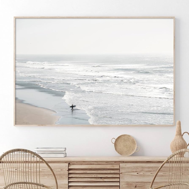 Horizontal Framed Wall Art Misty Ocean Scene Neutral Minimalist Print