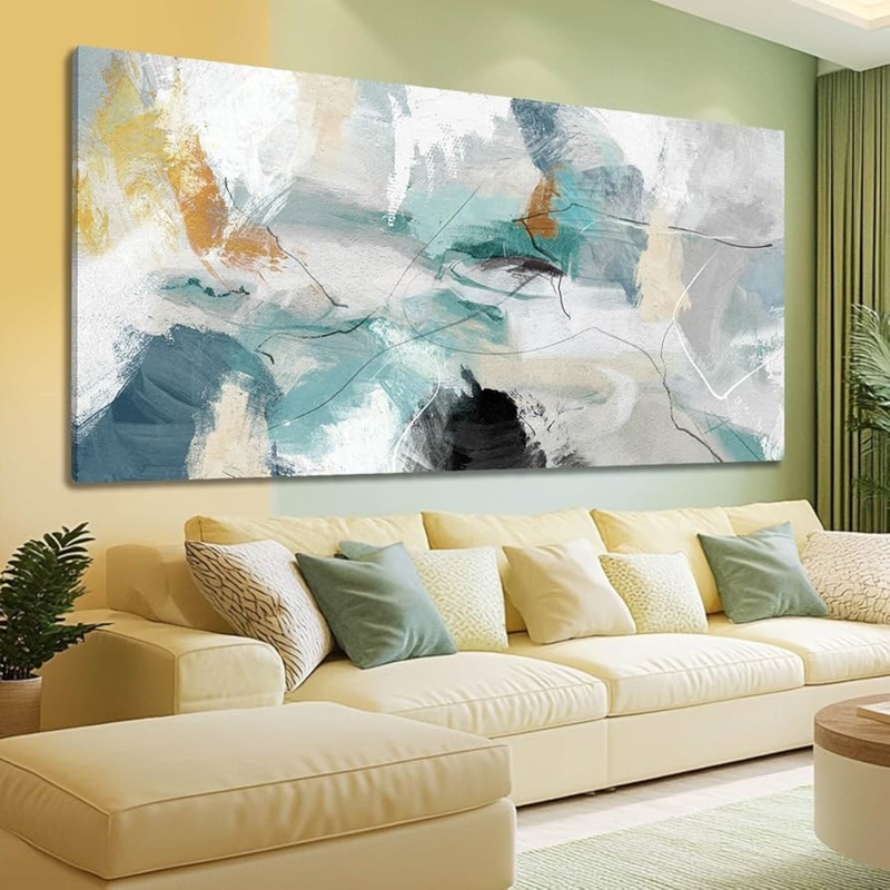 Horizontal Wall Art Canvas: Large Scale Abstract Teal Painterly Style.