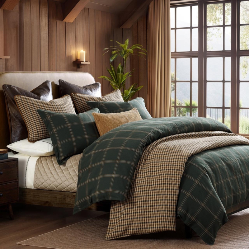 Hunter Green Windowpane Plaid Comforter Set in Modern Farmhouse Style