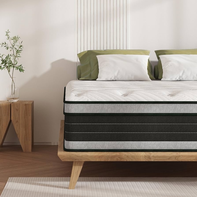 Hybrid Mattress with Striped Casing on Modern Wooden Bed Frame