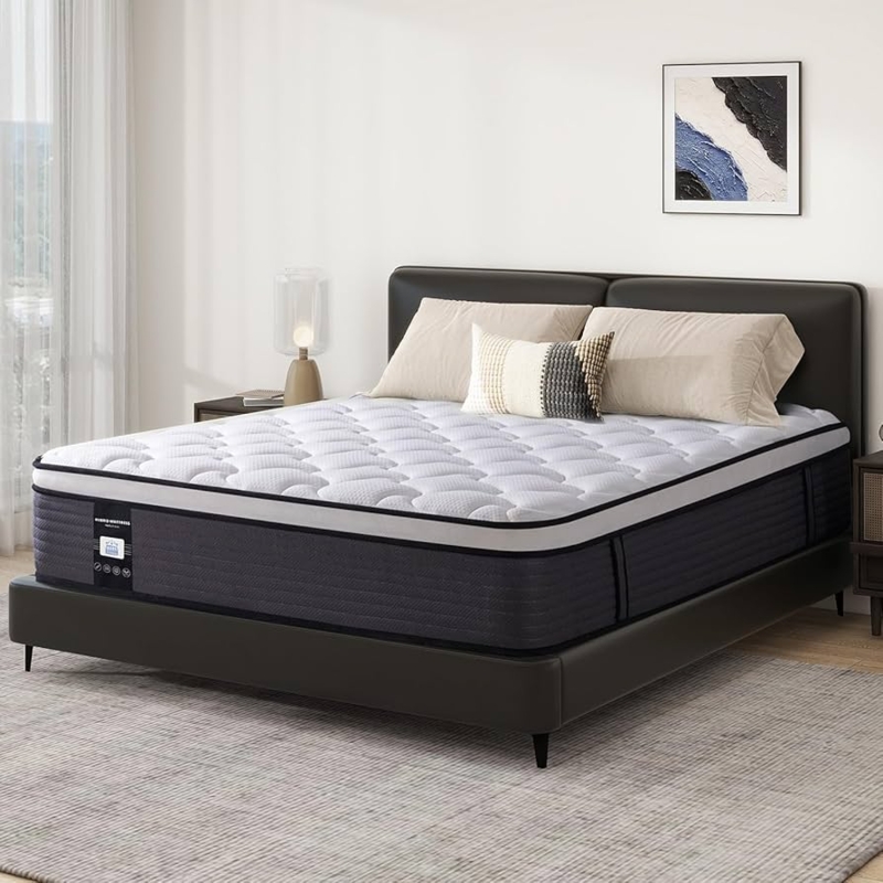Hybrid Pillow Top Mattress, Geometric Quilting, Charcoal Ribbed Sides.