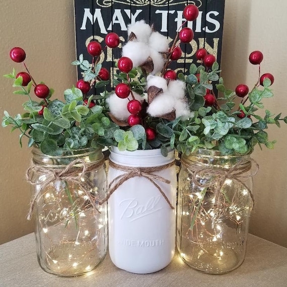 Illuminated Mason Jar Centerpiece Cotton Bolls Holiday Table Decor