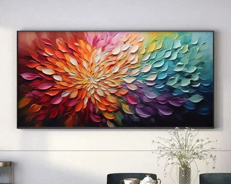 Impasto Wall Painting: Sunburst composition, palette knife texture.