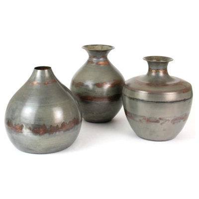 Industrial Table Vase Trio Copper Bands Rustic Modern Mixed Metal Finish