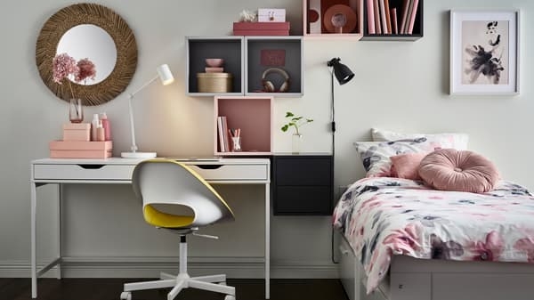 Integrated Bedroom Office Layout with Modular Wall Cubes and Yellow Chair
