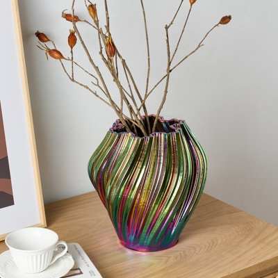 Iridescent Ceramic Table Vase: Wavy Ribbing, Scalloped. Eclectic styling.