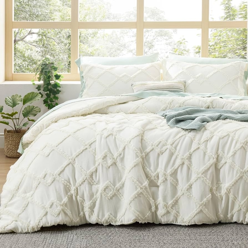 Ivory Comforter Set with Geometric Tufted Embroidery, Boho Farmhouse Style.