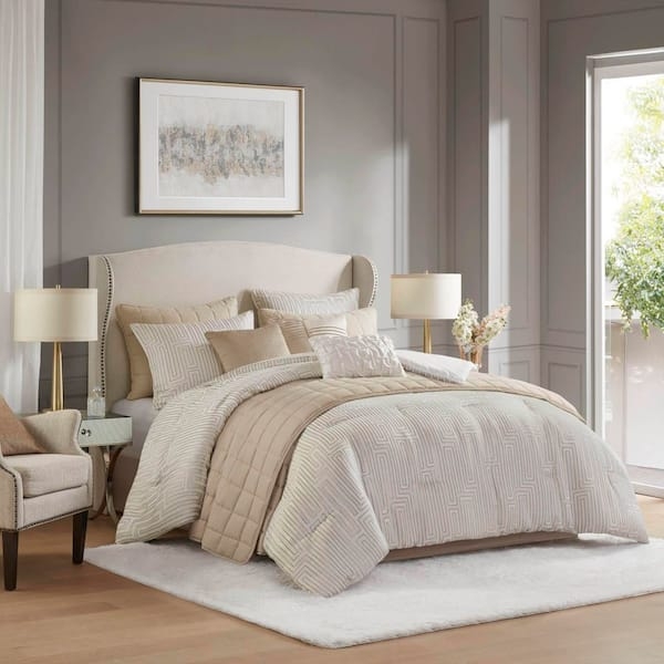 Ivory Jacquard Comforter Set Geometric Embroidery Traditional Glam
