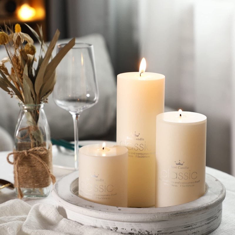 Ivory Pillar Candle Set in Rustic Whitewashed Tray Display