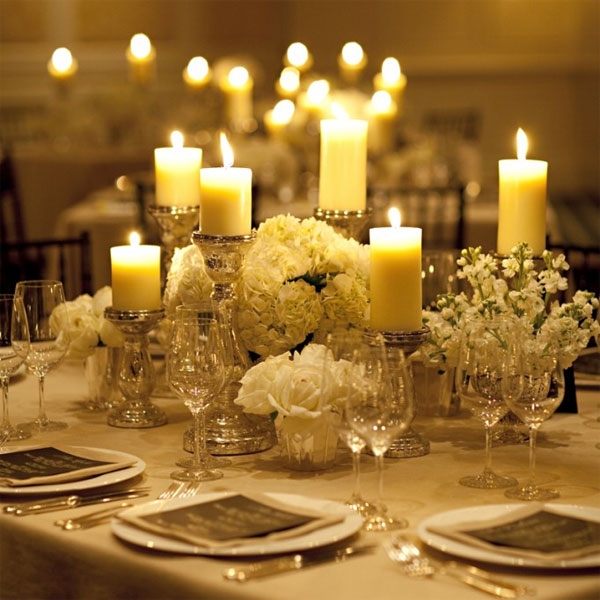 Ivory Pillar Candles on Ornate Silver Pedestal Stands Wedding Decor