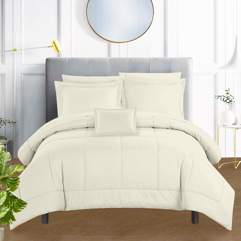 Ivory Pleated Bedding Set Diamond Pin-Tuck Transitional Style