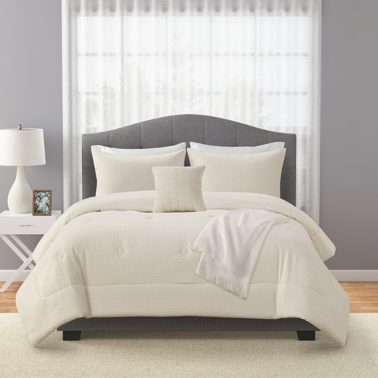 Ivory Waffle Weave Comforter Set Textured Monochromatic Bedding