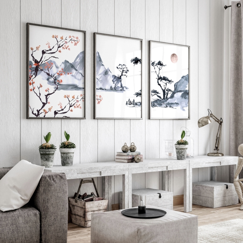 Japandi Wall Art Set, Minimalist Triptych Art Display, Framed Zen Prints