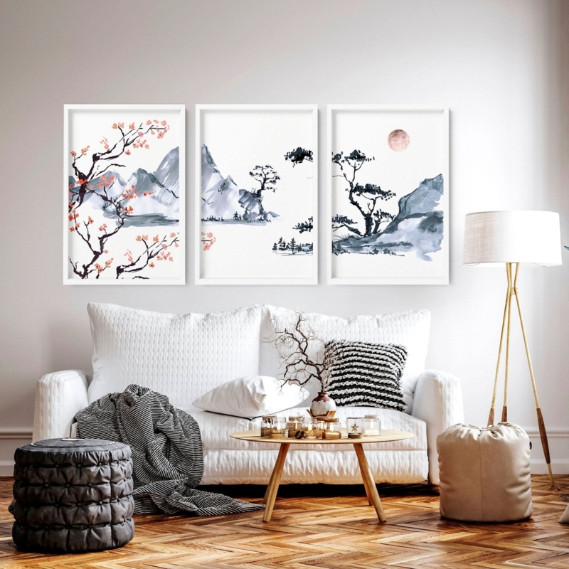 Japandi Wall Art Triptych, Cherry Blossom Watercolor Prints