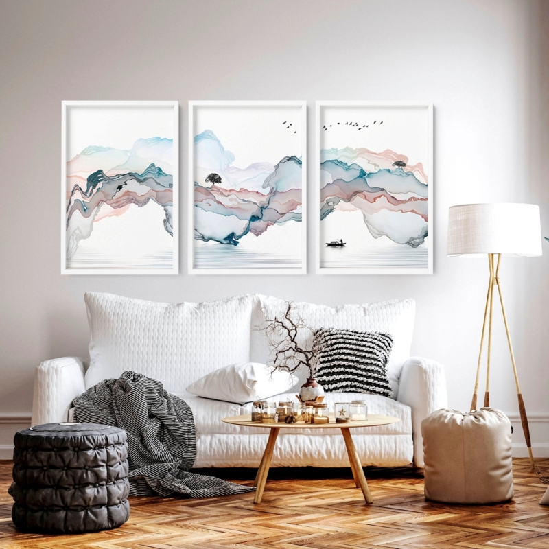 Japandi Watercolor Landscape Prints, Set of 3 Wall Art, Minimalist