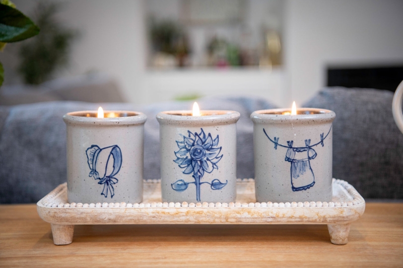 Jar Candle Folk Art Illustrations Ceramic Trio Speckled Glaze Vintage