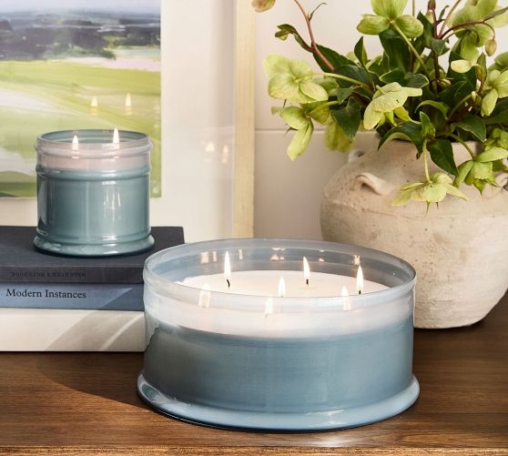 Jar Candle Wide Form Factor Multiple Wicks Muted Blue Glass Coastal