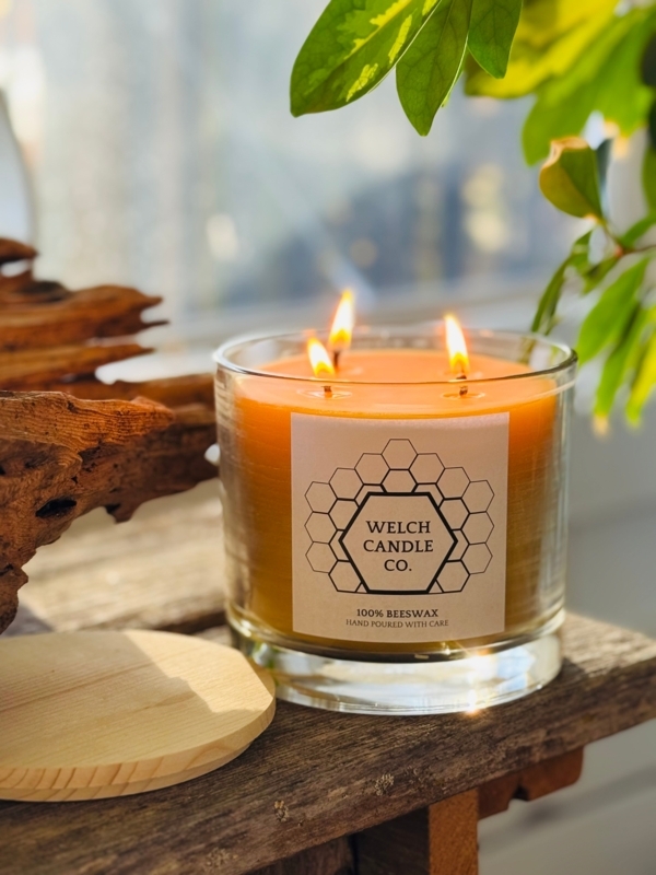 Jar Candle with Three Wicks and Wooden Lid, Vibrant Orange Wax