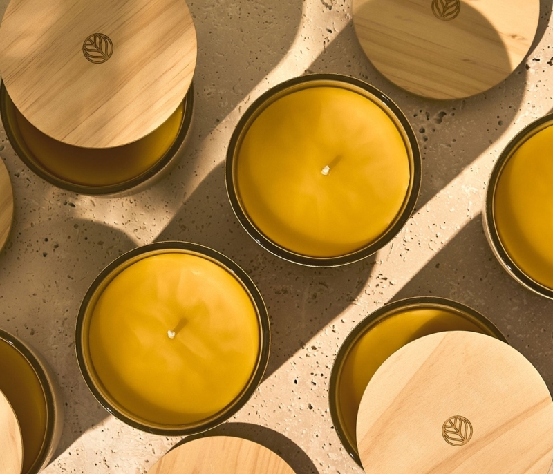 Jar Candles featuring Wood Lids, Mustard Yellow Wax, Earthy Accents