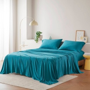 Jersey Knit Bed Sheet Set, 4-Piece Cotton Blend, All-Season, Teal