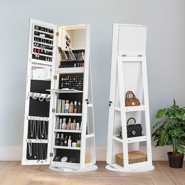 Jewelry Armoire with 360 Degree Rotation for Rotating Mirror Storage