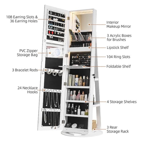 Jewelry Armoire with Swivel Base and Rear Storage Racks for Modern Use