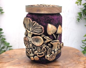Keepsake Jar Sculpted Mushrooms Purple Gold Whimsical Decor