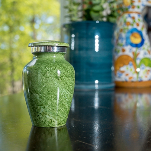 Keepsake Urn: Mottled Green Finish with Silver Collar Lid