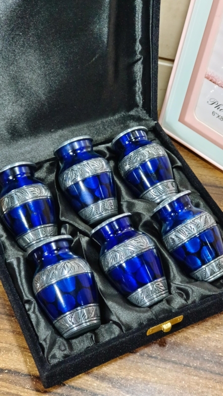 Keepsake Urn Set Cobalt Blue Engraved Silver Floral Traditional Memorial
