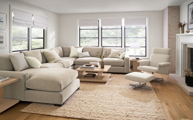 L-Shaped Sectional Sofa in Neutral Tone on Tone Living Room Layout