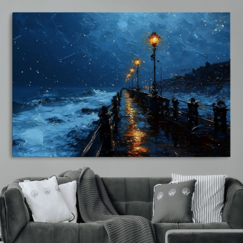 Landscape Canvas Art Moody Coastal Dark Stormy Pier Amber Lamp Glow