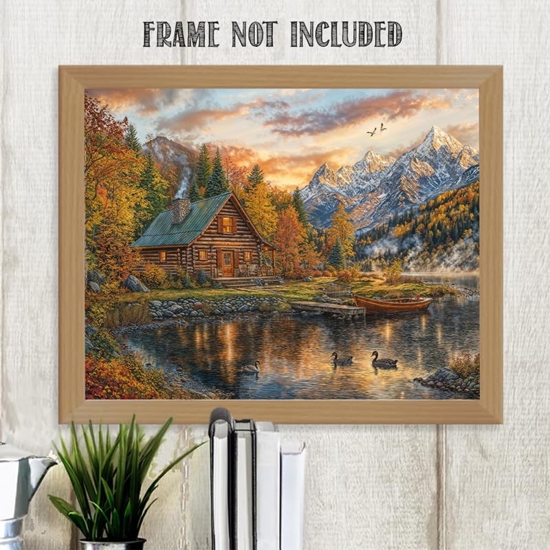 Landscape Wall Art: Autumn Mountain Cabin Lake Print in Wood Frame