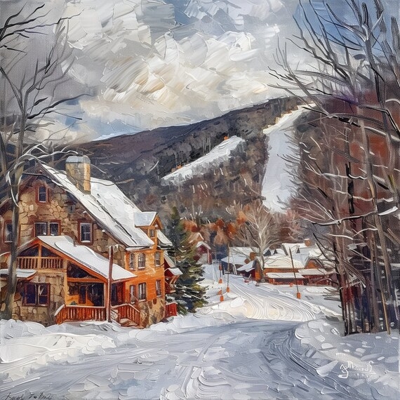 Landscape Wall Art: Impressionist Impasto Winter Vermont Lodge Painting