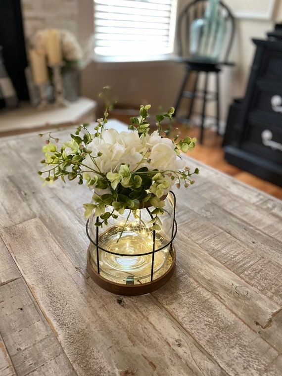 Lantern Vase Rustic Wood Base Wire Cage Farmhouse Floral