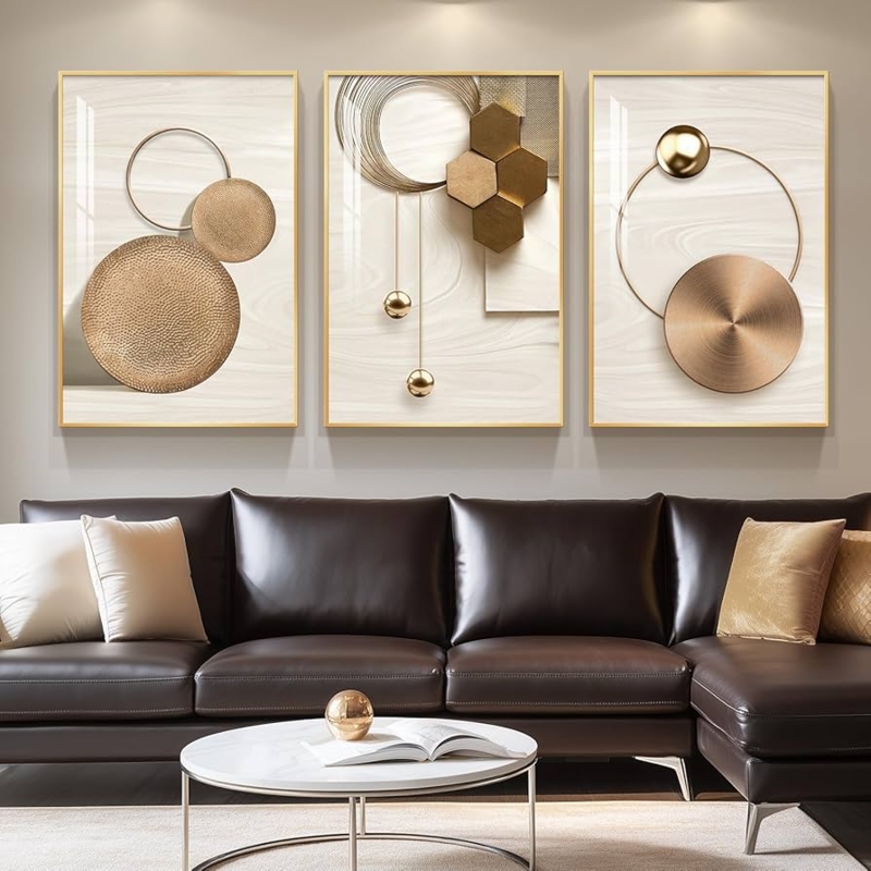 Large 3-Piece Modern Glam Wall Art Set, Mixed Metallic Textures