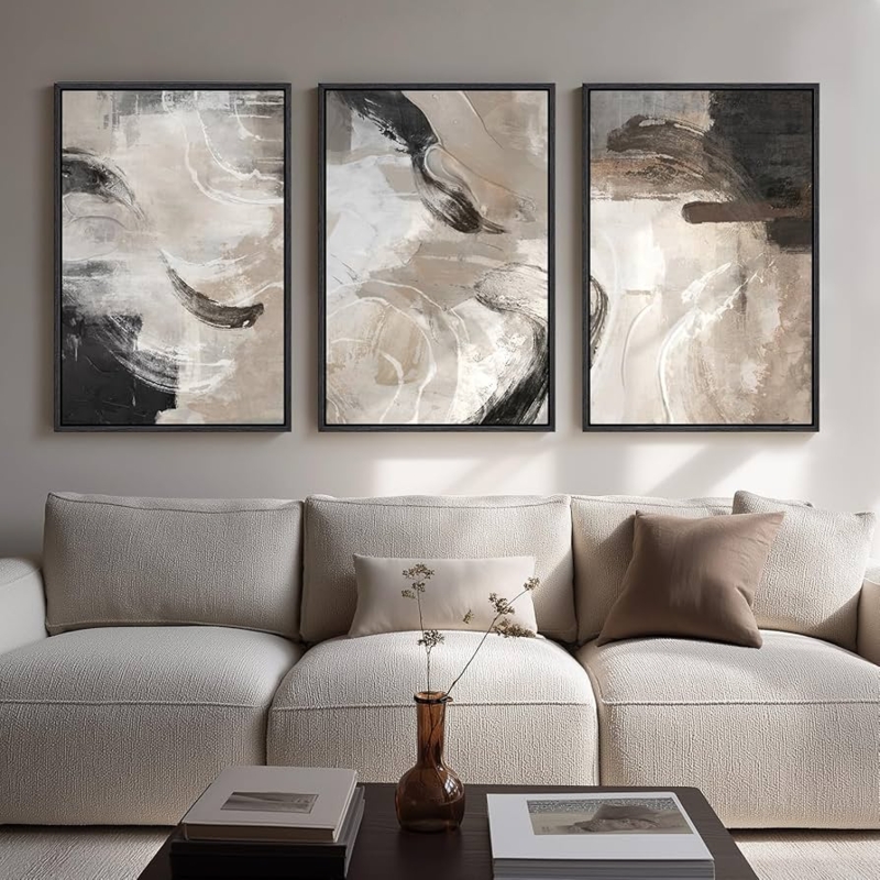 Large 3-Piece Neutral Triptych Wall Art Set, Brushstroke Texture