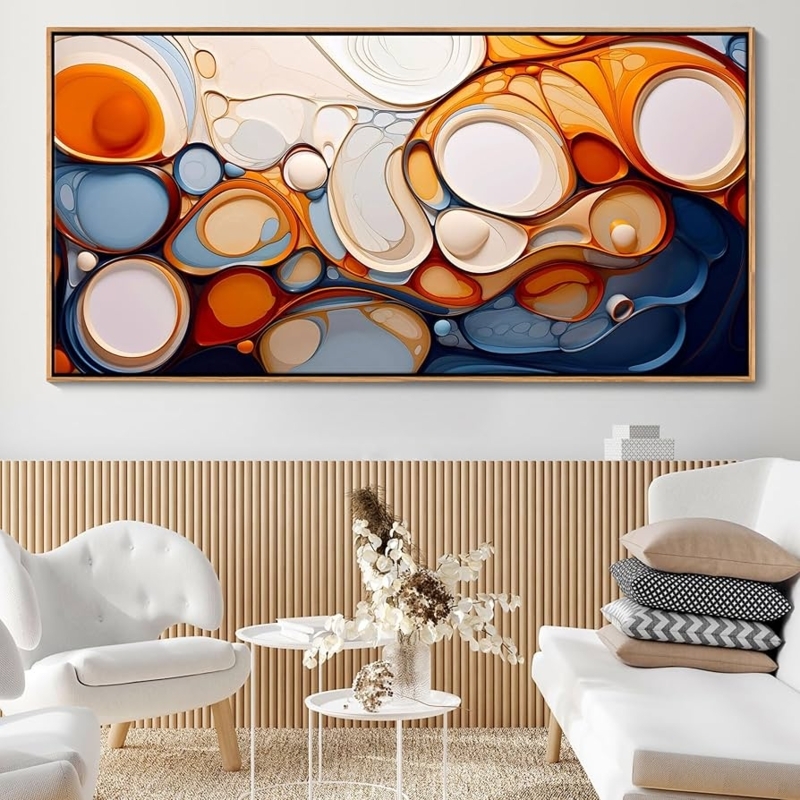 Large Abstract Wall Art with Blue and Orange Fluid Patterns
