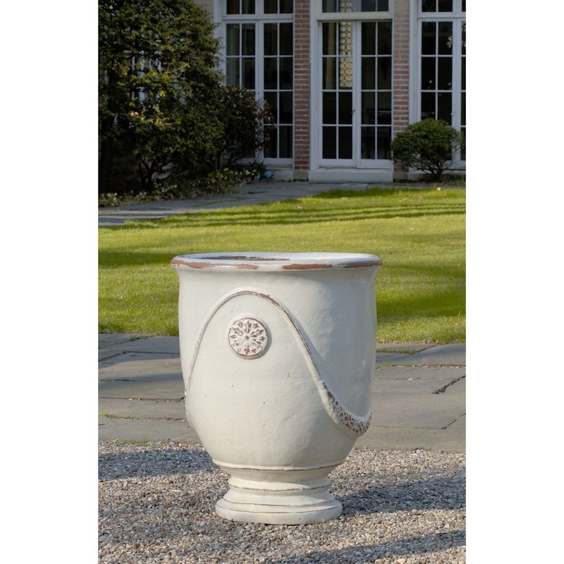 Large Antique White Anduze Urn, Medallion Relief Detail