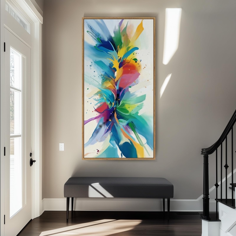 Large Canvas Print: Oversized vertical scale, splatter pattern, framed.