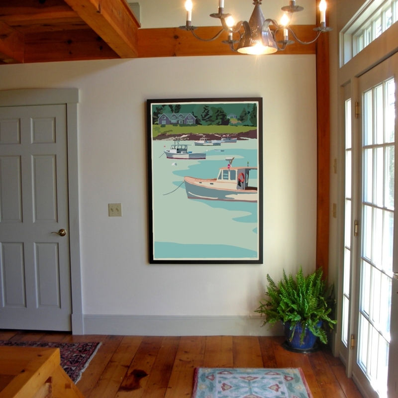 Large Framed Coastal Harbor Poster Wall Art, Illustrative Style