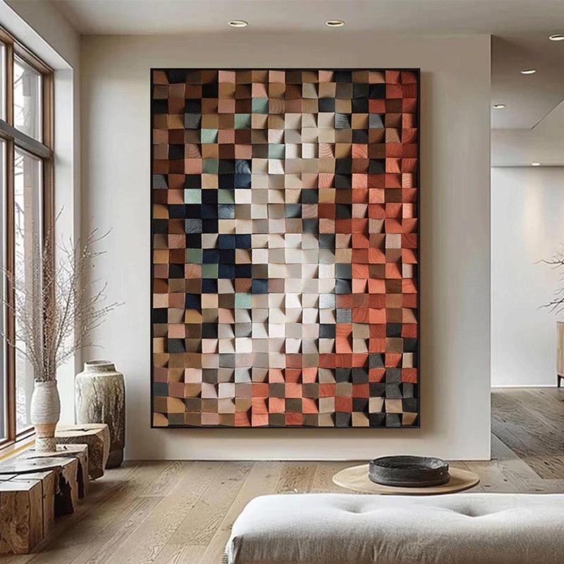 Large Geometric Wood Wall Art Protruding Blocks Terracotta
