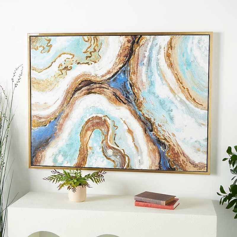 Large Horizontal Abstract Wall Art, Gold Frame, Marbled Pattern