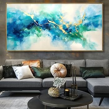 Large Horizontal Wall Art Canvas with Gold Metallic Accents in Teal