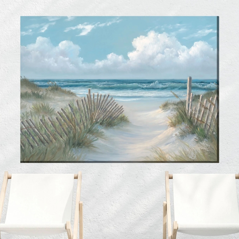 Large Landscape Wall Art Canvas Painterly Beach Scene Weathered Fence