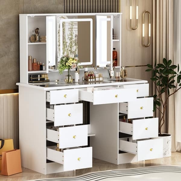 Large Makeup Vanity White with Lighted Tri-Fold Mirror and Nine Drawers.