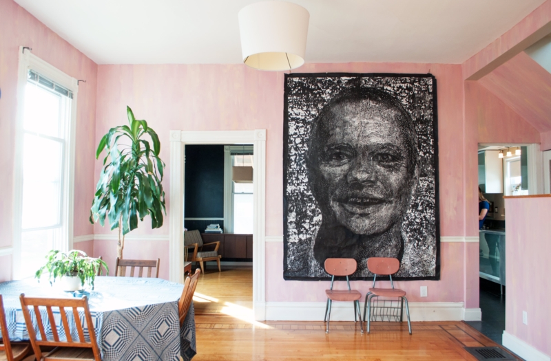 Large Portrait Tapestry Wall Decor against Textured Pink Walls