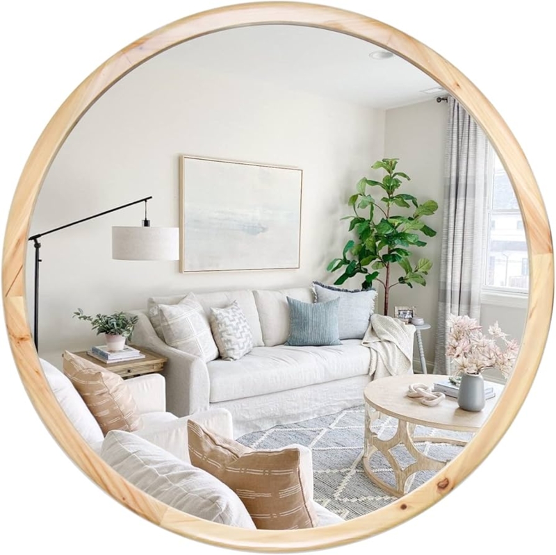 Large Round Wall Mirror, Slender Wood Frame, Modern Farmhouse Living Room